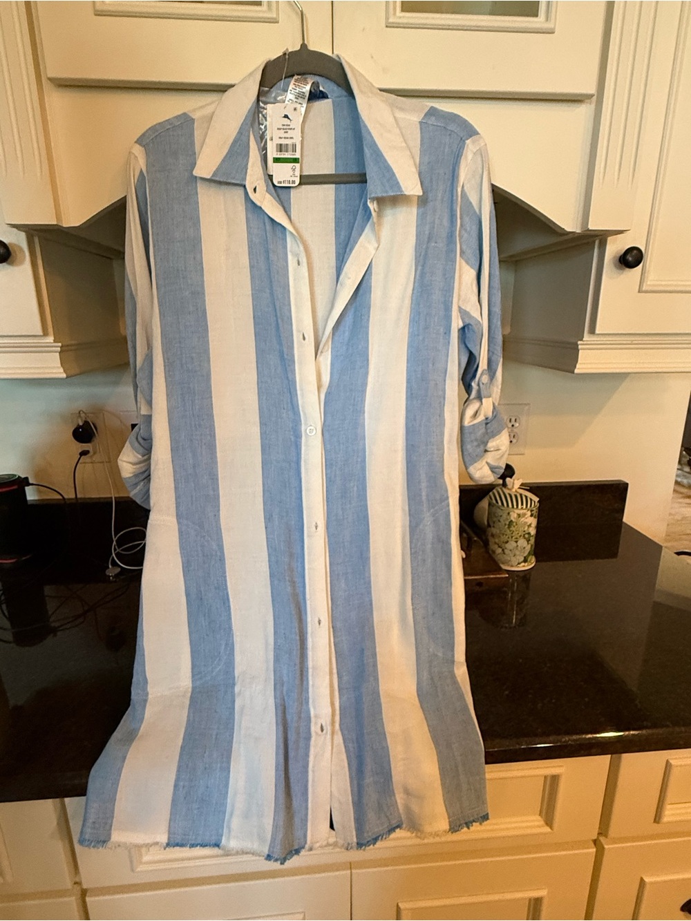 Tommy Bahama Blue and White Striped Swim Coverup Shirt